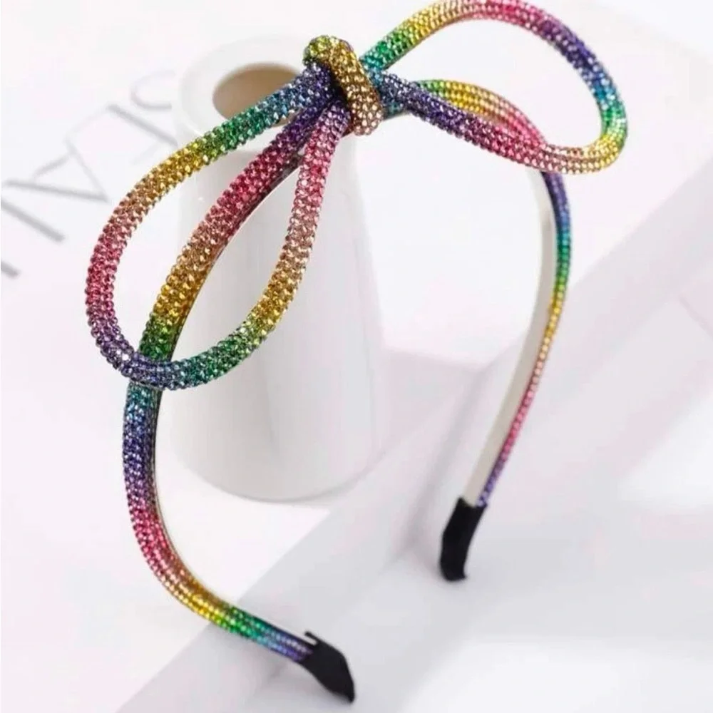 Rainbow Rhinestone Bow Headband - Sparkling Accessory, Pride Headband, NEW